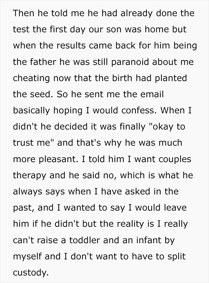 Trecho de texto discutindo o teste de paternidade secreto de um homem e sua contínua desconfiança após o nascimento, apesar dos resultados. Trecho de texto discutindo o teste de paternidade secreto de um homem e sua contínua desconfiança após o nascimento, apesar dos resultados.