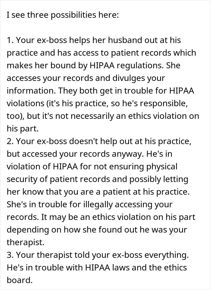 Text discussing possible HIPAA violations and ethics issues when a therapist is also the boss's husband accessing patient records.