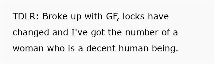 Text image showing a message about breaking up, changing locks, and getting a woman's number, related to lazy BIL and knife use.