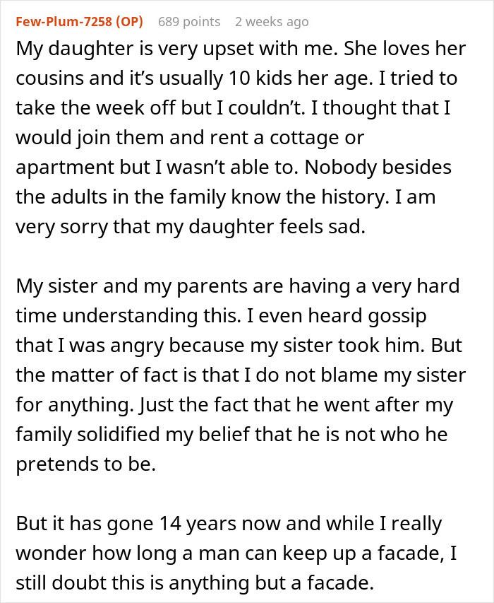 Text post from a woman sharing her horrible feeling about her brother-in-law and refusing to let her daughter near him. Text post from a woman sharing her horrible feeling about her brother-in-law and refusing to let her daughter near him.