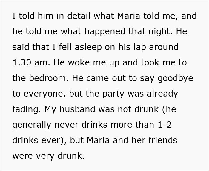Text describing a wife&rsquo;s suspicion after hearing moaning, seeing hubby shirtless and bestie naked at a party.