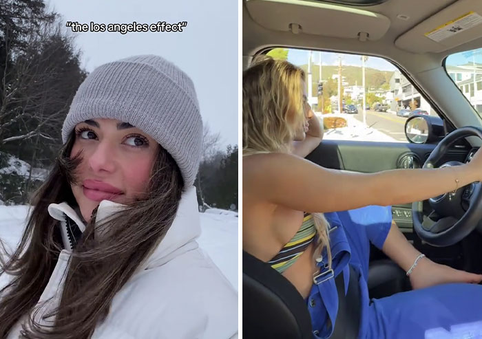 Side-by-side before and after photos of a woman showing the America effect and how the US changed her appearance.