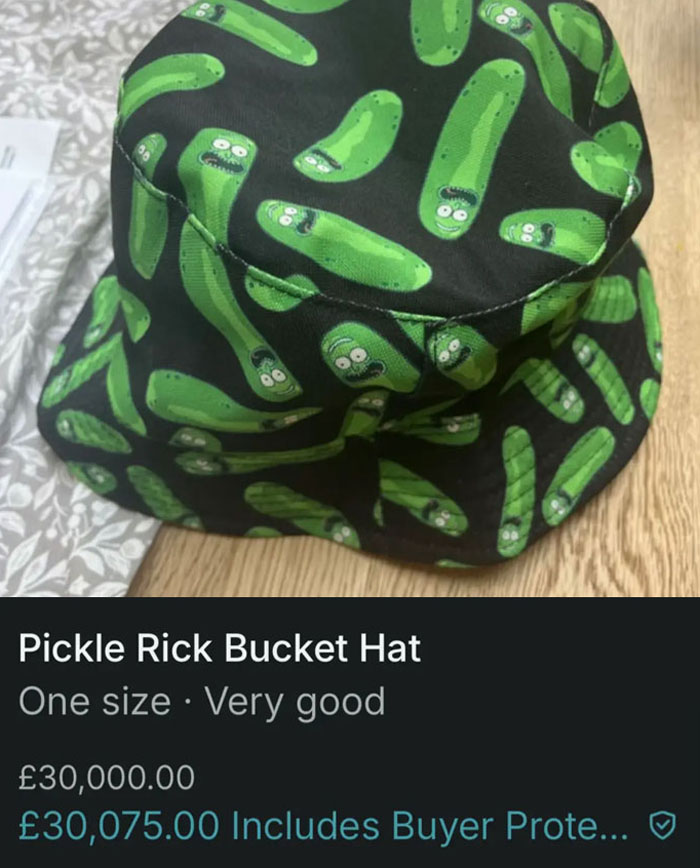 Pickle Rick bucket hat with cartoon pickles pattern, listed for sale as a funny Vinted listing with no rules.