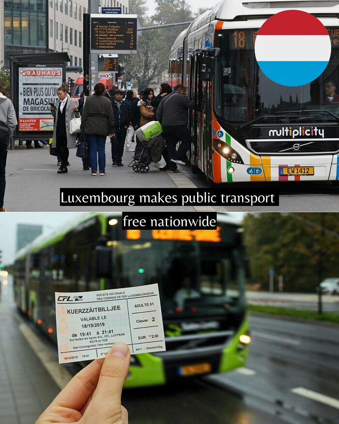 People boarding a bus in Luxembourg, highlighting free nationwide public transport as good news from around the world.