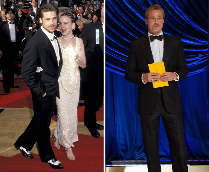 Brad Pitt in tuxedo at his first Oscars on the red carpet and latest appearance hosting the Oscars ceremony.