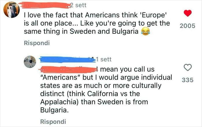 Screenshot of a cringey text exchange debating cultural differences between Americans and Europeans with many likes.