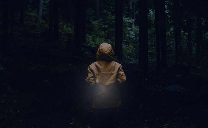 Person in a brown jacket shining a flashlight into dark woods, capturing eerie and terrifying sights or sounds.