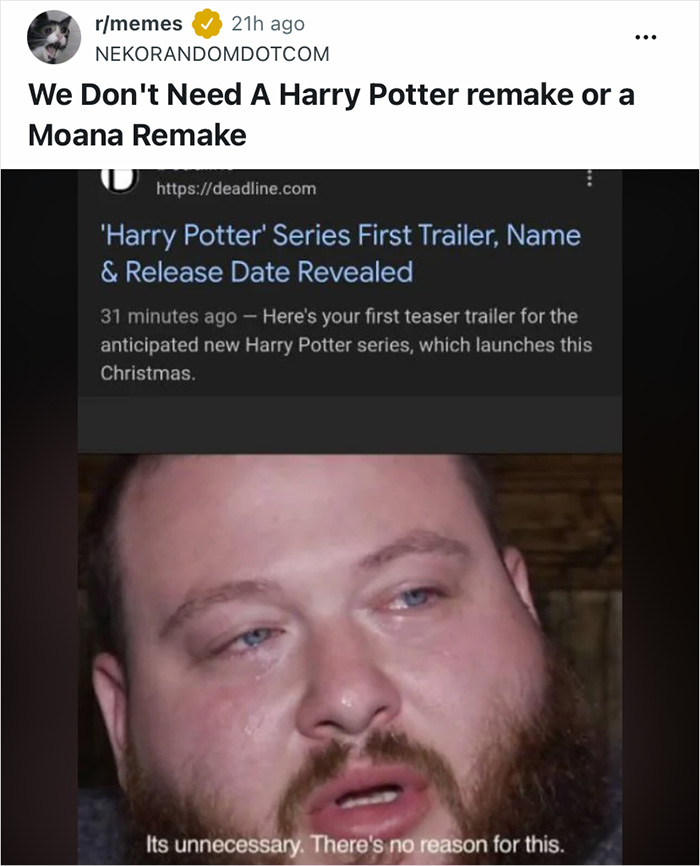 Man with beard crying and reacting to new Harry Potter series trailer, expressing fans' feelings about HBO Harry Potter series memes.