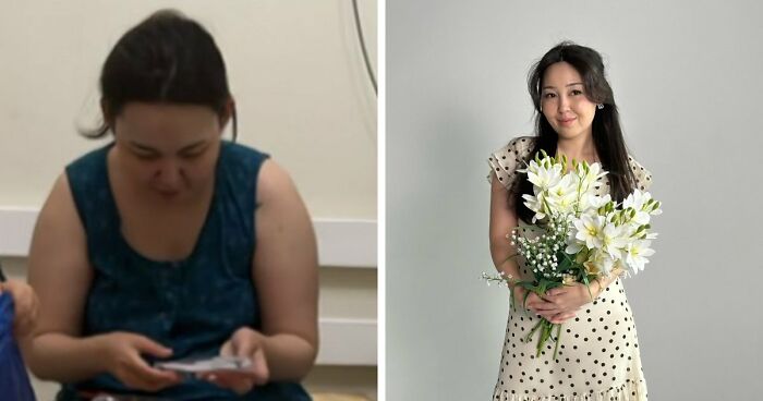 Before and after photo showing an unbelievable transformation of a woman who totally changed her life in 3 years