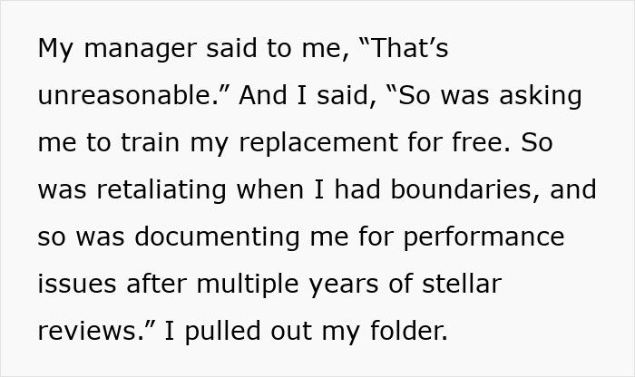 Text excerpt showing an employee refusing to train a new hire for free while HR is dumbfounded by the resistance to firing. Text excerpt showing an employee refusing to train a new hire for free while HR is dumbfounded by the resistance to firing.