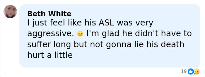 Comment from Beth White about Eric Dane&rsquo;s cause of passing, expressing feelings on the aggression of his ASL and his death.