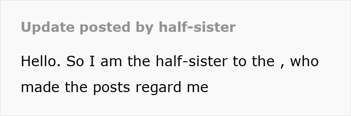 Text update posted by half-sister explaining family issues and regrets about inviting dad to wedding after uncovering reasons.
