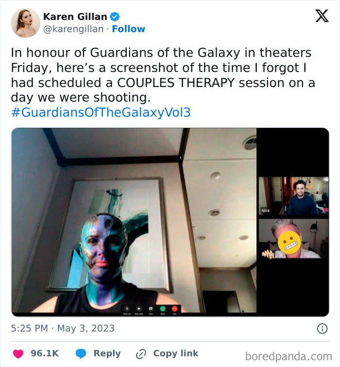 Tweet showing a humorous movie industry Zoom call with a face painted blue during filming, perfect for cinephile memes.