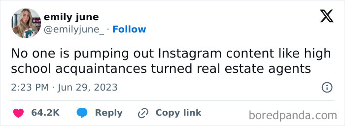 Screenshot of a funny and relatable meme tweet about Instagram content and real estate agents, illustrating ridiculous and random humor.