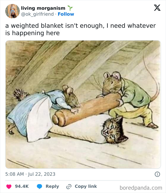 Illustration of funny and relatable meme with mice rolling a kitten in a blanket, showing ridiculous and random humor.