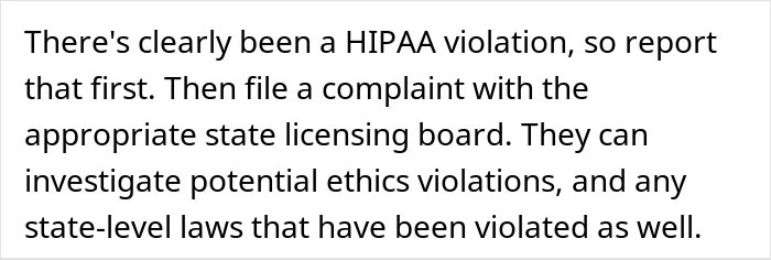 Text discussing a potential HIPAA violation and steps to report and file complaints about ethics breaches and licensing violations.