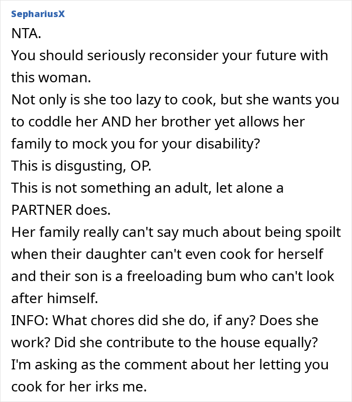 Comment discussing family issues and disability, focusing on the lazy brother-in-law and vegetable cutting challenges.