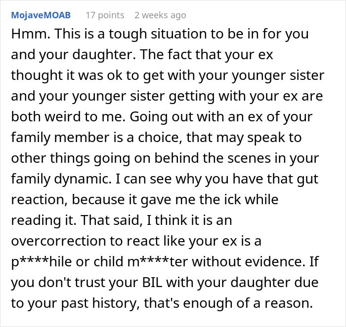 Screenshot of an online comment discussing a woman’s horrible feeling about her BIL and concerns for her daughter’s safety. Screenshot of an online comment discussing a woman’s horrible feeling about her BIL and concerns for her daughter’s safety.