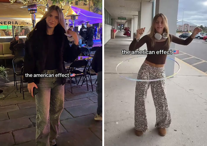 Young woman showing before and after photos demonstrating the American effect on her style and confidence outdoors.