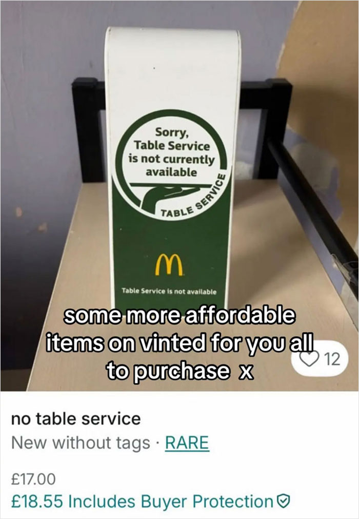 McDonald’s table service unavailable sign humorously listed for sale on Vinted as a rare affordable item.