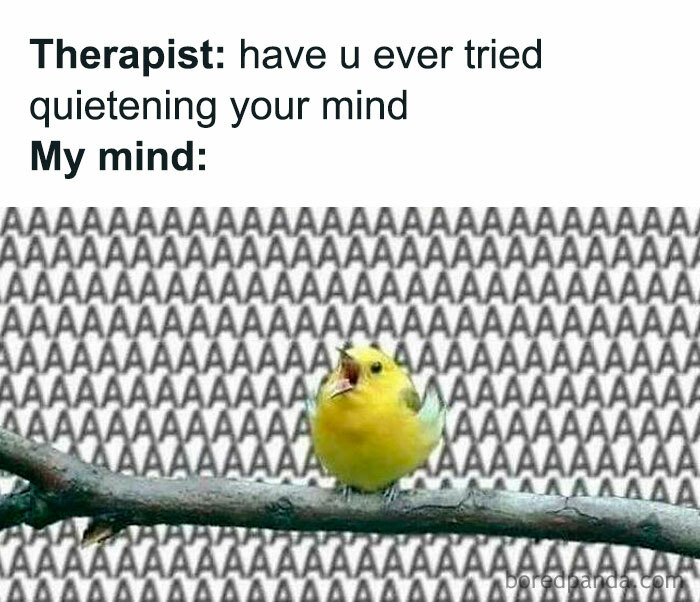 Yellow bird on branch screaming with repeated A letters in background, representing an existential crisis meme.