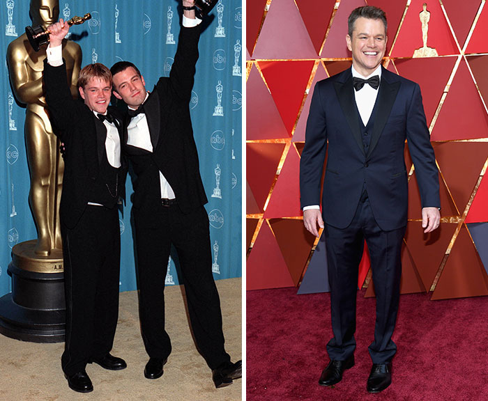 Actor Matt Damon at the Oscars, showing a look difference from his first to latest appearance at the event.