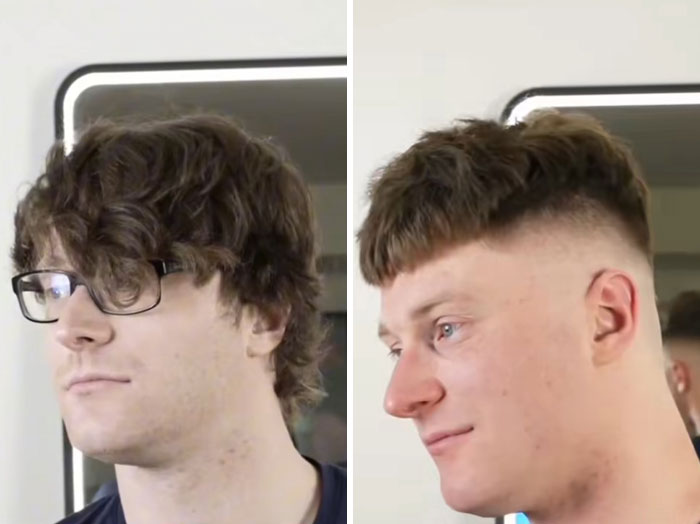 Side-by-side images of a man before and after a haircut showing a dramatic change in his hairdresser's styling on his locks.