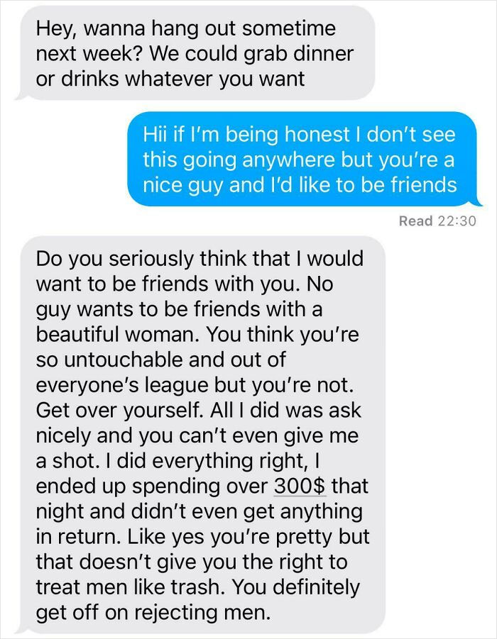 Text exchange showing cringey texts from a man who reacts negatively after being politely rejected.