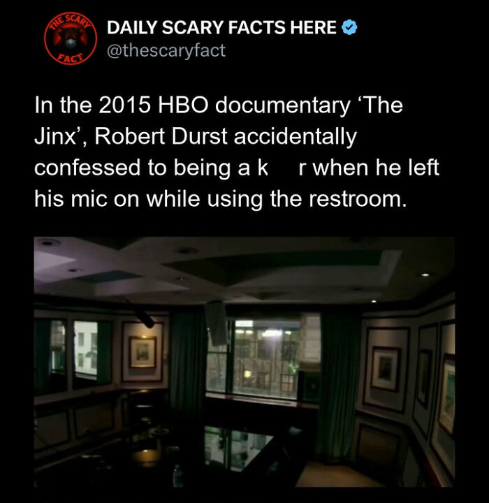 Screenshot of a dark room with a tweet about a scary fact from the HBO documentary The Jinx involving Robert Durst.