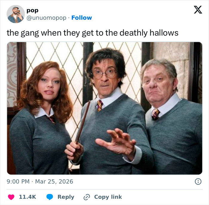 Three people dressed in Hogwarts-style sweaters posing humorously, related to HBO Harry Potter series fan memes.