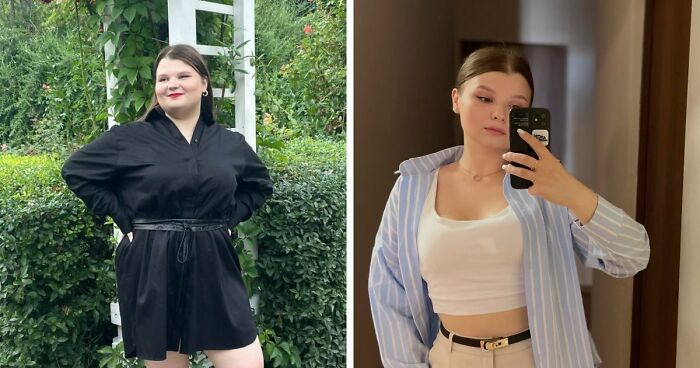 Side-by-side photos showing a young woman’s unbelievable transformation over three years with a new confident look and style.