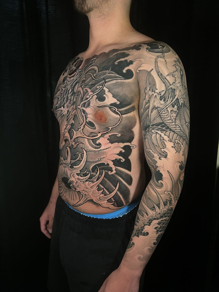 Japanese Dragon & Waves (Chest-To-Sleeve Flow)