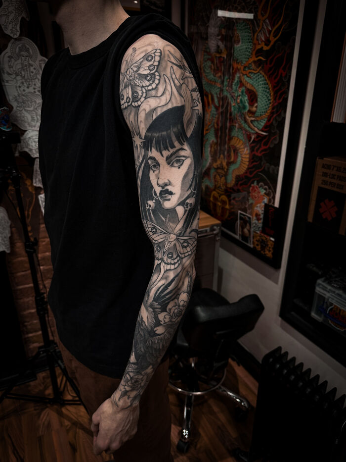 Blackwork Illustrative Portrait Sleeve