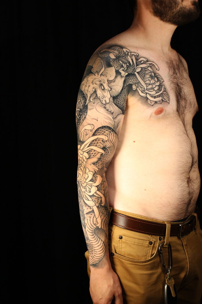 Serpent, Rats & Chrysanthemum Japanese Sleeve