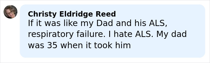 Commenter sharing a personal story about ALS and respiratory failure related to Eric Dane&rsquo;s cause of passing.