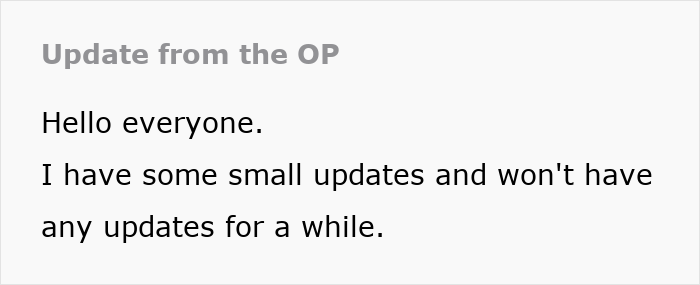 Text post with an update from the original poster about limited updates related to a bride horrified by her dad cutting off family.