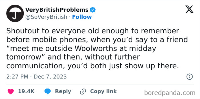 Tweet from VeryBritishProblems highlighting unique UK experiences of meeting friends before mobile phones, showing living in the UK humor.