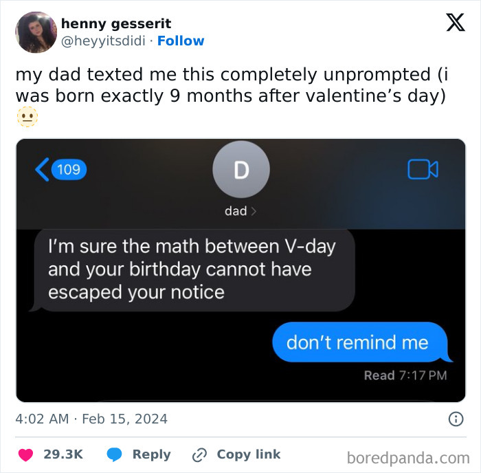 Text exchange showing a dad humorously referencing Valentine's Day and his child's birthday in a funny parent-kid conversation.