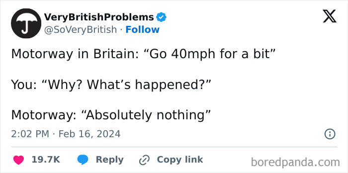 Tweet from VeryBritishProblems humorously describing unique British motorway driving with sudden slowdowns and casual confusion.
