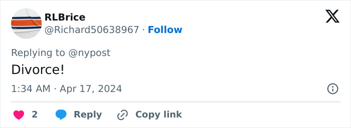Tweet reply reading Divorce from user RLBrice, related to unexpected marriage update for teacher who went viral for smiling in her mugshot.