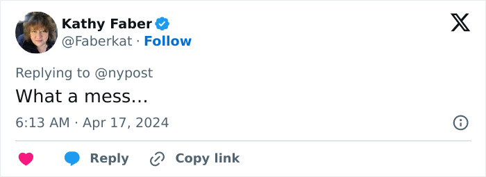 Tweet from Kathy Faber reacting to teacher viral mugshot amidst student scandal with brief comment "What a mess"