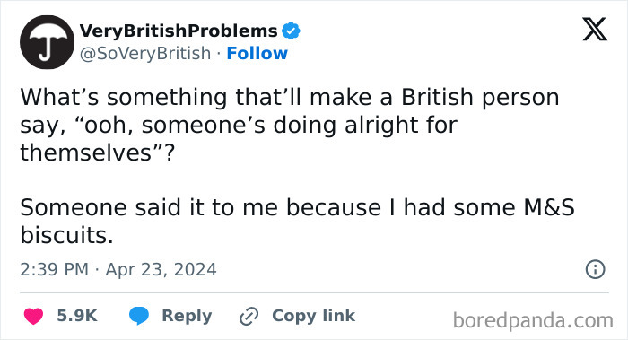 Tweet from VeryBritishProblems humorously highlighting unique British expressions involving M&S biscuits in UK living experience.