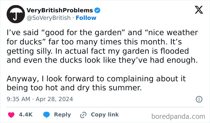 Tweet from VeryBritishProblems humorously describing unique UK weather, flooding gardens, and typical British complaints about summer.