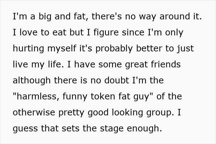 Text about personal reflection on eating habits and self-acceptance related to eating bigger share sandwich party.