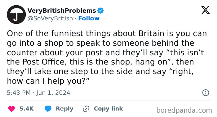 Tweet from VeryBritishProblems humorously describing unique UK shop interactions about postal services behind the counter.