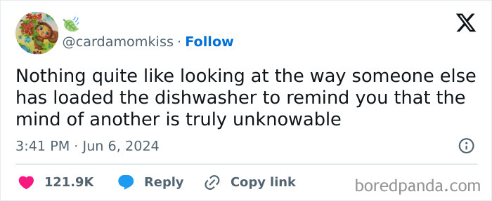 Tweet about the randomness of how others load dishwashers, featured in funny and relatable memes.