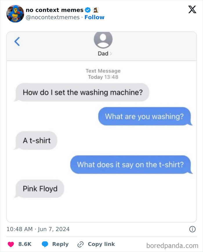 Text message exchange showing a funny parent-kid conversation about how to set the washing machine and a Pink Floyd t-shirt.