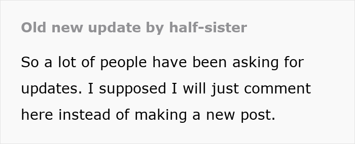 Text excerpt discussing an update from a half-sister about a family situation involving a bride and her dad.