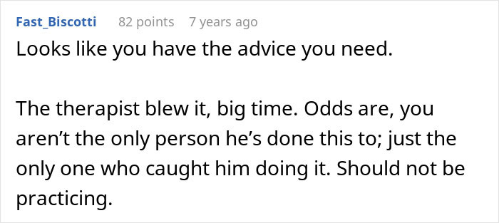 Comment from Fast_Biscotti discussing a therapist who is also the boss's husband, causing workplace confusion.