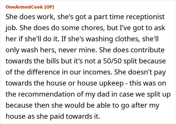 Screenshot of a forum post by OneArmedCook explaining household chores and bill contributions despite having one arm.
